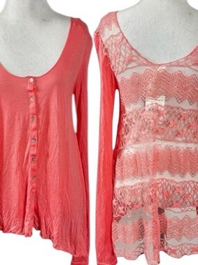Free People Easy Breezy Jersey Lace Back Tee in Hot Peach Size XS NWT Oversized